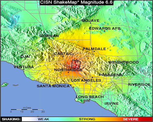 A ShakeMap showing relative intensity of shaking in the vicinity of the San Fernando Earthquake.